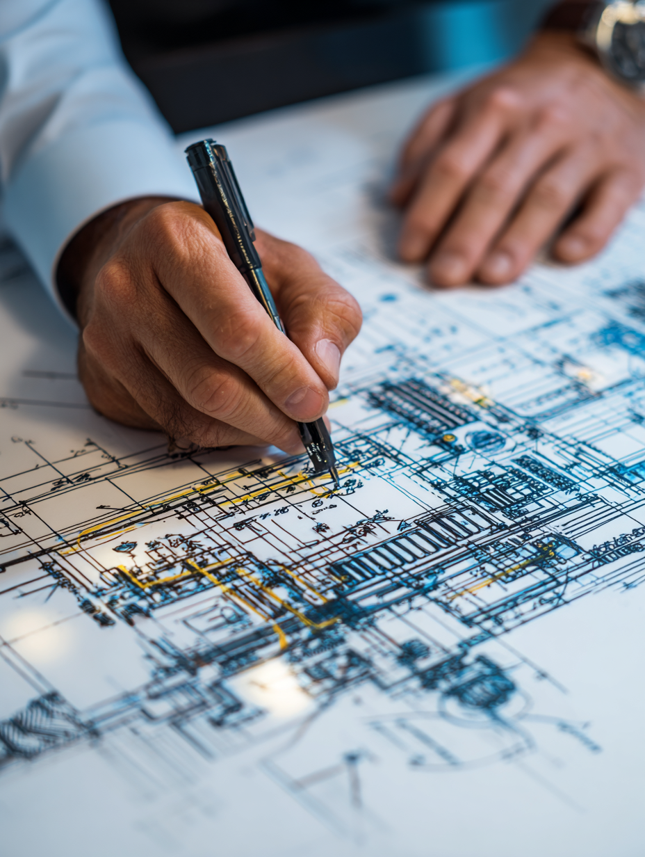 A person working on electrical blueprints with a pen