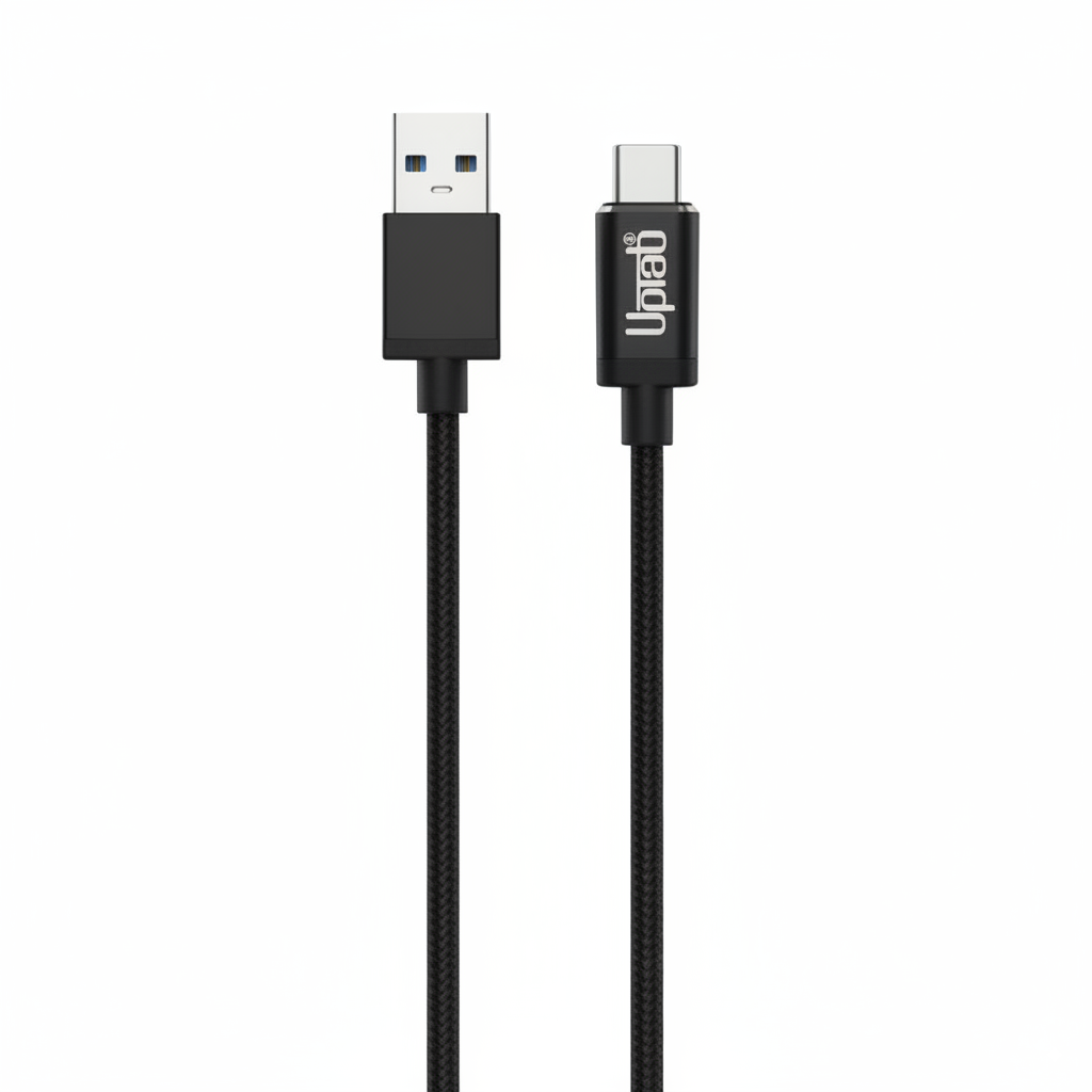 UPTab Black USB cable with one end being a standard USB-C connector and the other a USB-A connector on a white background.