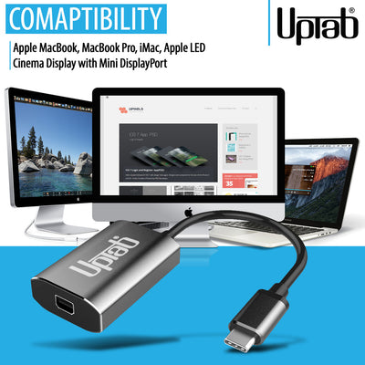 Close-up of UPTab USB-C to Mini DisplayPort Adapter – Graphite, showcasing its sleek design and compatibility with high-resolution 4K displays.